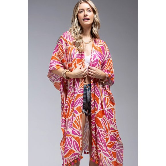 Chelsea Metallic Stripe Palm Leaf Tropical Coverup Open Wrap Kimono Top One Size - Picture 5 of 7